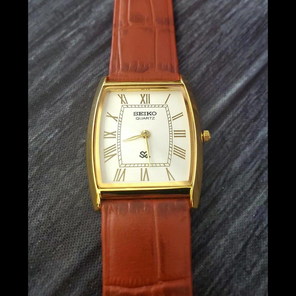Rare Mens Slim Seiko Gold Barrel Tank White Roman Dial Watch New Mvt & B…‎ - Picture 4 of 6